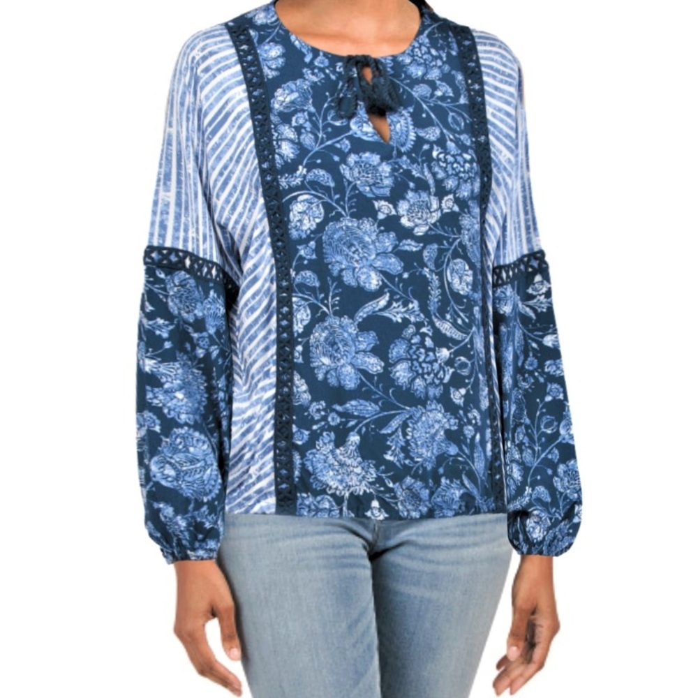 Spense Women's Boho Floral Print Crochet Long Sleeve Tunic Size Large